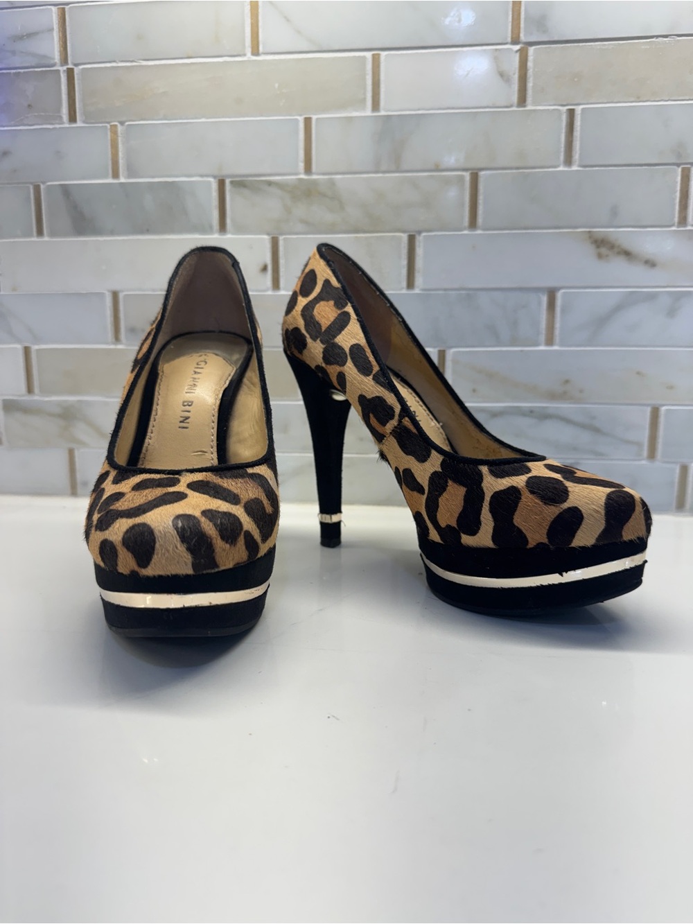Gianni Bini Leopard Print Platform Pumps with Black Heel